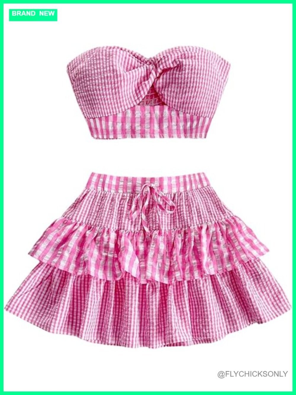 Two Piece Skirt Set with Crop Tube Top and Swing Skirt - Sleeveless Plaid